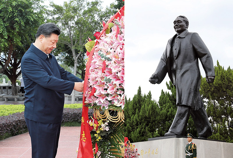 2020年10月14日，習(xí)近平總書記向深圳蓮花山公園鄧小平同志銅像敬獻(xiàn)花籃。